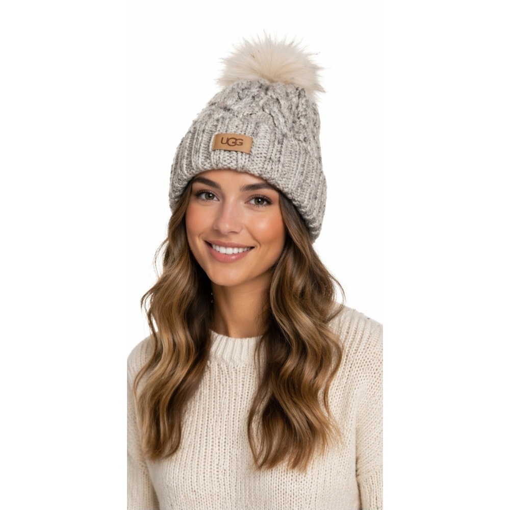 UGG Cable Knit Pom Beanie Light Gray OS Faux Fur Winter Hat NWT